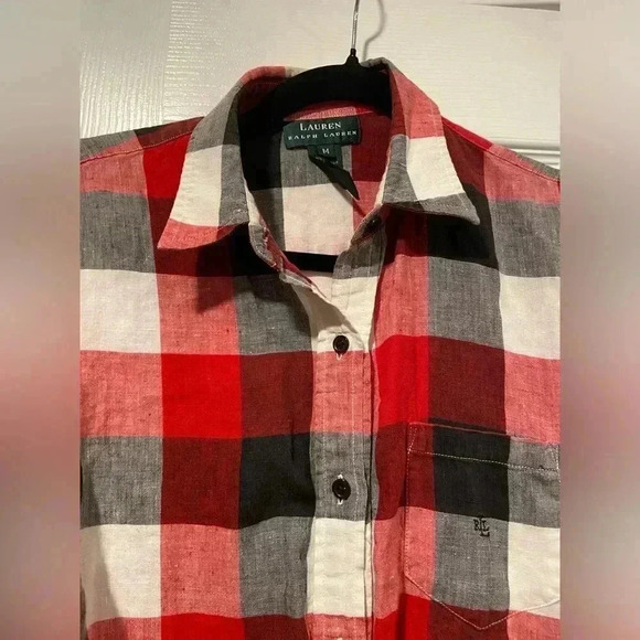 Lauren Ralph Lauren Black Red Plaid 100% Linen Button Down Long Sleeve Size M - Picture 5 of 12